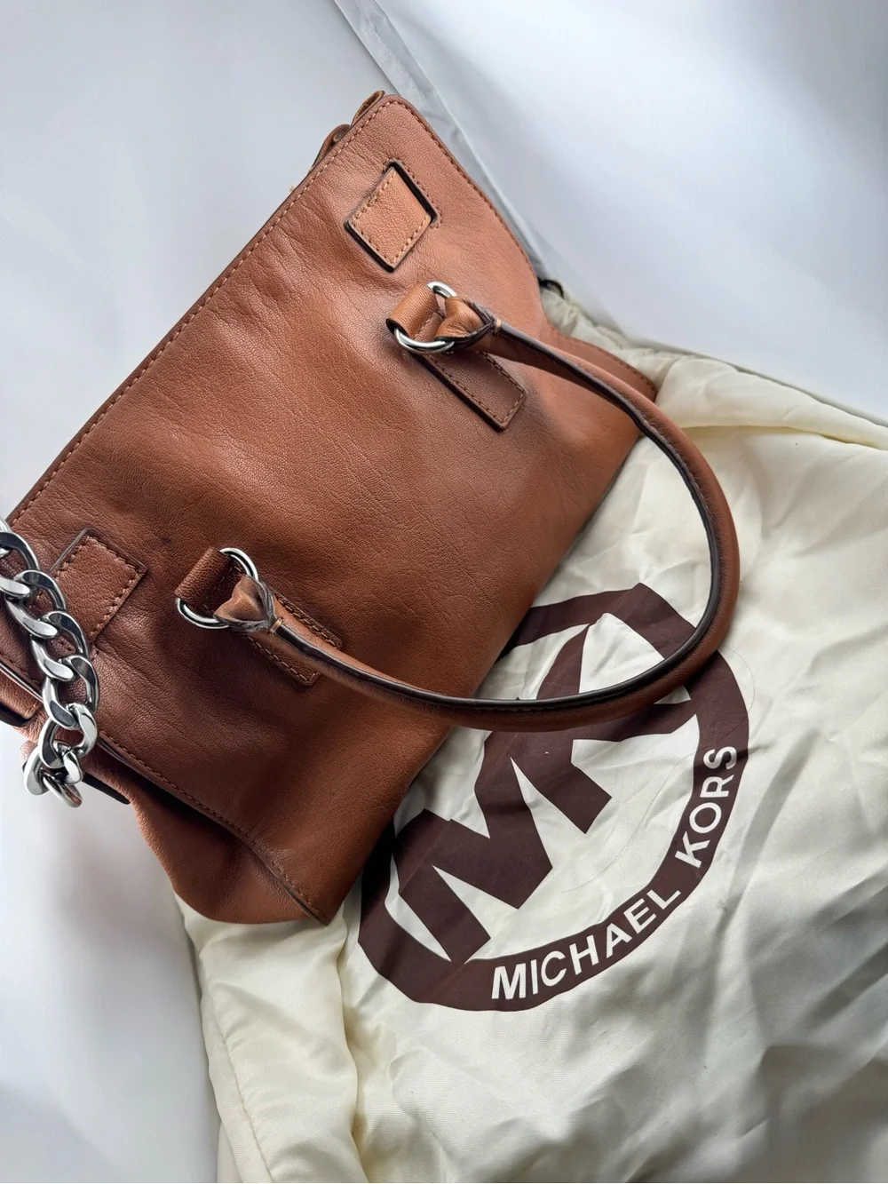 Michael Kors Cognac Leather Shoulder Bag with Silver Hardware